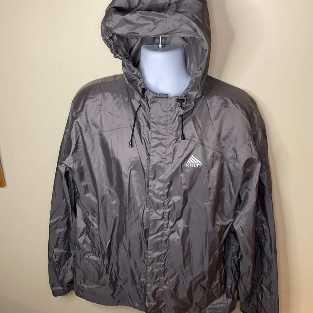 KELTY WATER PROOF RAINCOAT SHINY GRAY men’s large full zip and full Velcro front